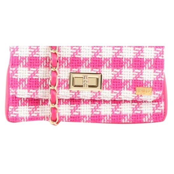 DESIGNER TSD12 PINK/WHITE CHECK FABRIC PRINT CHAIN DETAIL SMALL CROSSBODY BAG - Picture 9 of 13